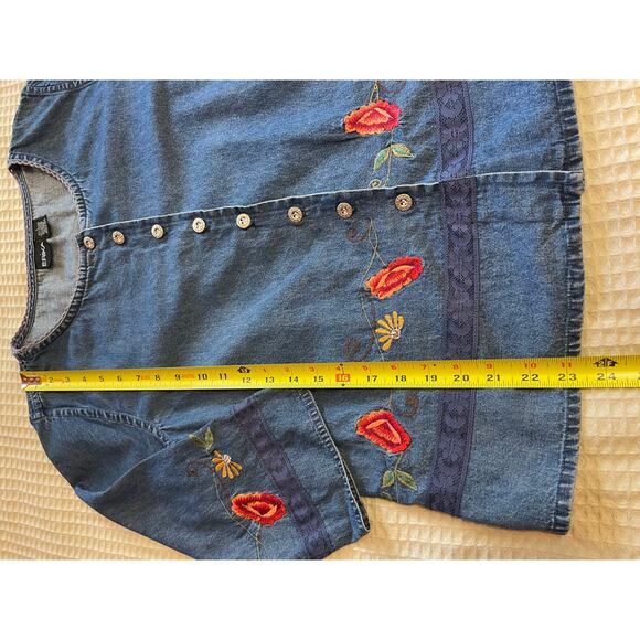 Erika Floral Embroidered Cottagecore 100% Cotton Chambray Button Up Blouse Large - Picture 7 of 9